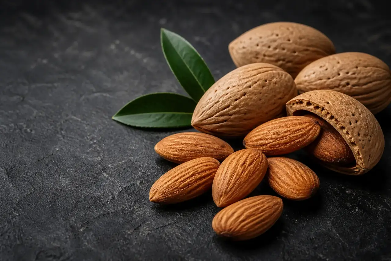 Almendras sobre una superficie oscura